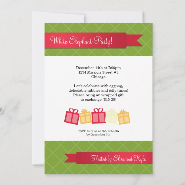 Gift exchange red ribbon green Christmas party Invitation (Front)