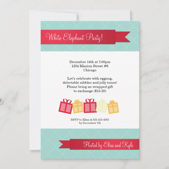 Gift exchange red ribbon ice blue Christmas party Invitation (Front)