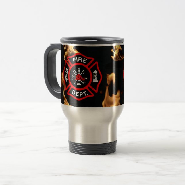 Gift for Fireman | Fire Department Shield Travel Mug (Front Left)