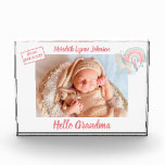 Gift for Grandma Newborn Grandchild   Photo Block<br><div class="desc">Hello Grandma Grandpa photo block-- welcomes the newborn baby girl and with important data -- their name and date of birth -- along with a priceless photo. Talk about a keepsake! Yes, easily change to Hello Mum or Dad -- the baby has arrived. And a cute little unicorn to also...</div>