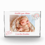 Gift for Grandma Newborn Grandchild    Photo Block<br><div class="desc">Hello Grandma Grandpa photo block-- welcomes the newborn baby girl and with important data -- their name and date of birth -- along with a priceless photo. Talk about a keepsake! Yes, easily change to Hello Mum or Dad -- the baby has arrived. And a cute little unicorn to also...</div>
