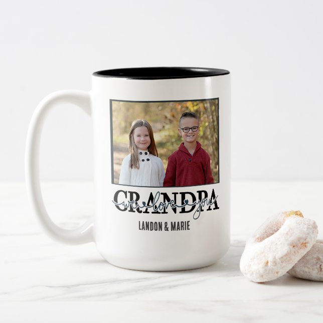 Gift For Grandpa | Grandpa We Love You Kids Photo  Two-Tone Coffee Mug (With Donut)