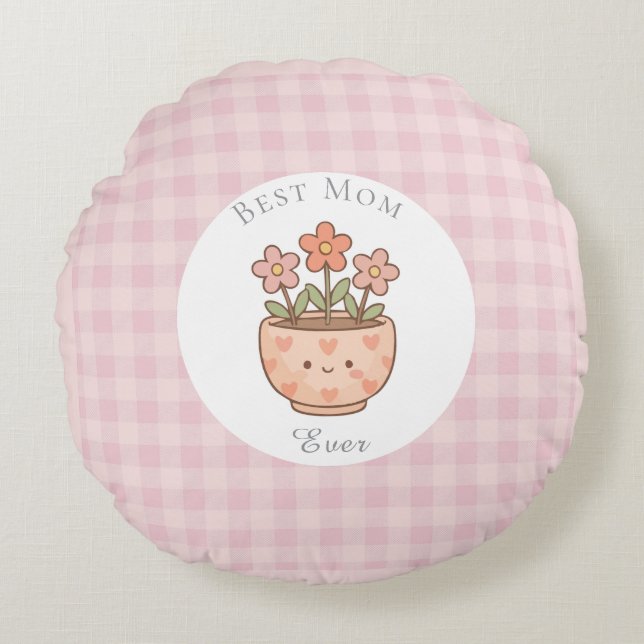 Gift For Mom,Best Mom Ever,Pink Checkered Round Cushion (Front)