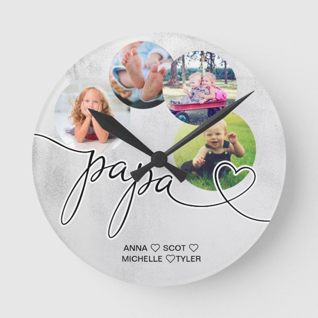 Gift for Papa Grandchildren Photo Collage Grandpa Round Clock (Front)