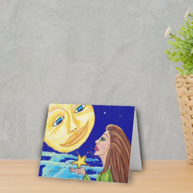 Gift for the Moon Notecard (Woman holding golden star under full moon smiling face night sky clouds on notecards.)