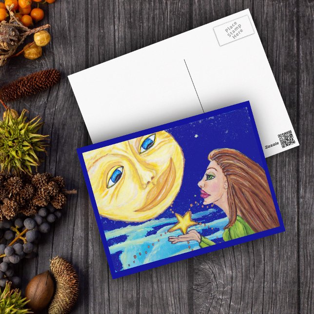 Gift for the Moon Postcard (Lady giving a yellow star to full moon with smiling face in night sky with clouds on postcard.)