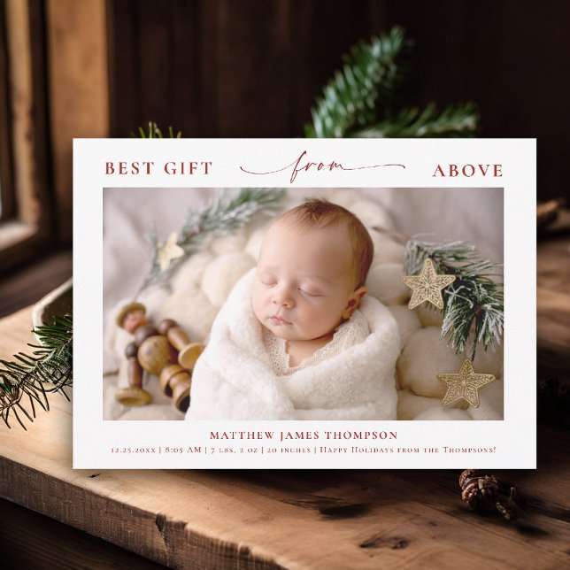 Gift from Above Elegant Red Christmas Baby Photo Holiday Card (best gift from above baby christmas card minimalist simple photo calligraphy elegant christian )