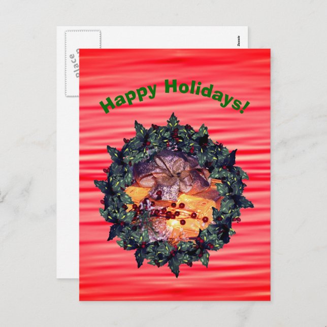 Gift Gold Bow Wreath Christmas Holiday Postcard (Front/Back)