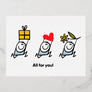 Gift, heart and flower foil holiday postcard