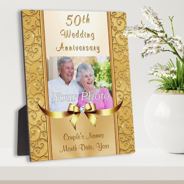 Gift Ideas for 50th Marriage Anniversary, Golden Plaque (50th anniversary plaque, with Photo, Names, Date or Message. Personalized Golden Anniversary Gifts.)