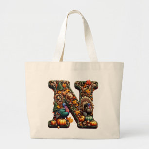Gift Letter N Thanksgiving style Large Tote Bag