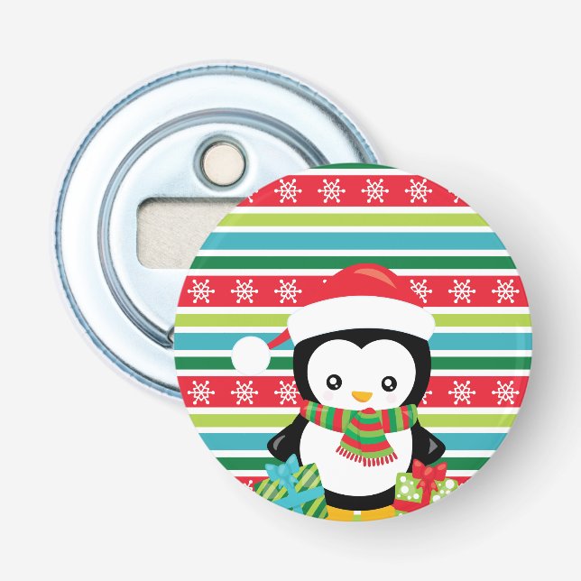 Gift Penguin on striped snowflake background Bottle Opener (Front)