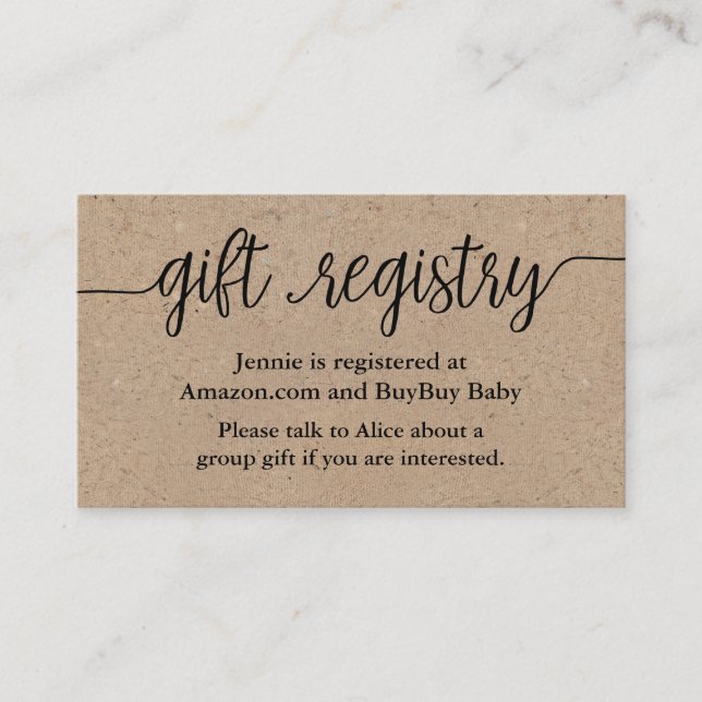 Gift Registry Card, Rustic Kraft Baby Shower Enclosure Card (Front)