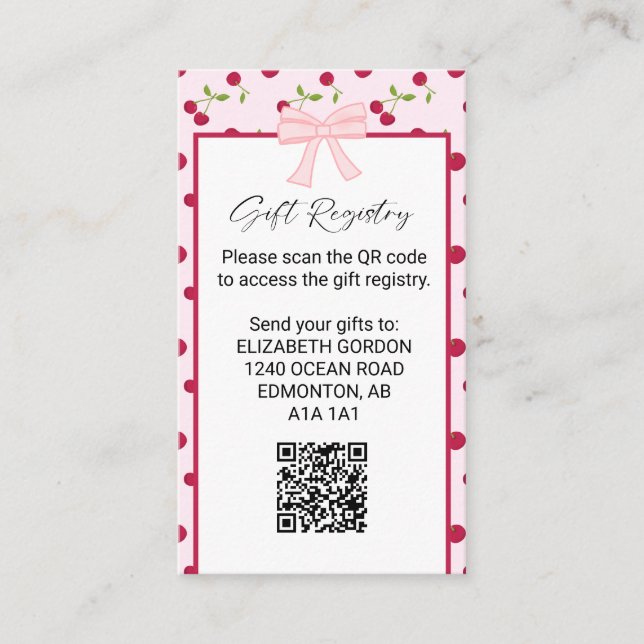 Gift Registry Cherry Baby Shower QR Code Enclosure Card (Front)