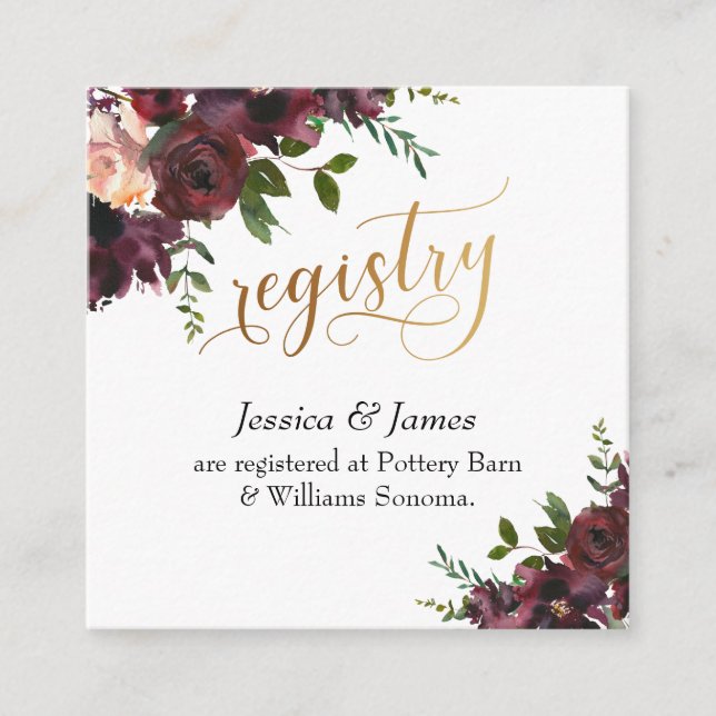 Gift Registry Gold Script Red Watercolor Flowers Enclosure Card (Front)
