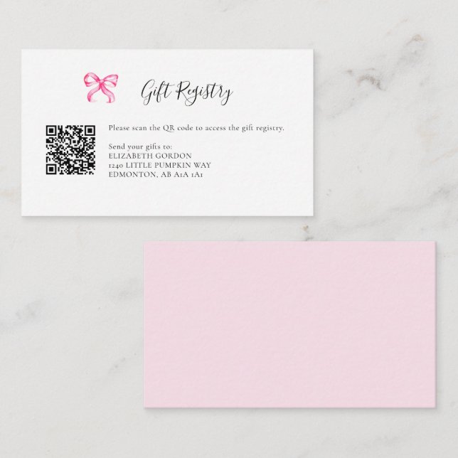 Gift Registry Pink Bow Baby Shower QR Code Enclosure Card (Front/Back)