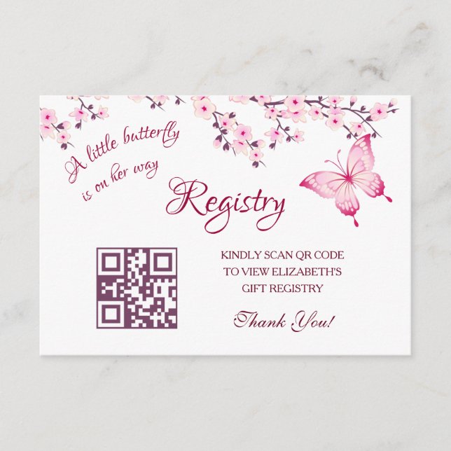 Gift Registry QR Code |  Butterfly Baby Shower Enclosure Card (Front)