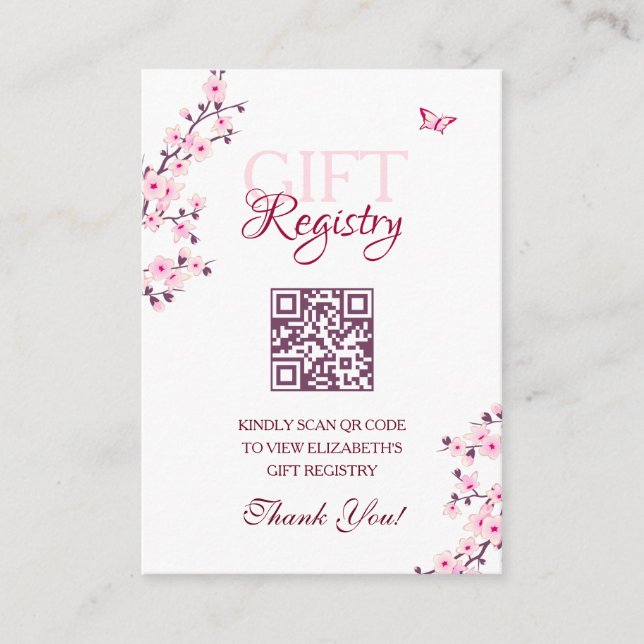 Gift Registry QR Code  Cherry Blossom Baby Shower Enclosure Card (Front)