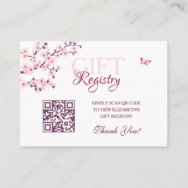 Gift Registry QR Code  Cherry Blossom Baby Shower Enclosure Card (Front)