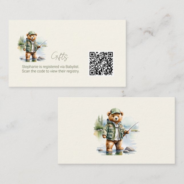  Gift Registry QR Code Cute Fishing Teddy Bear Enclosure Card (Front/Back)
