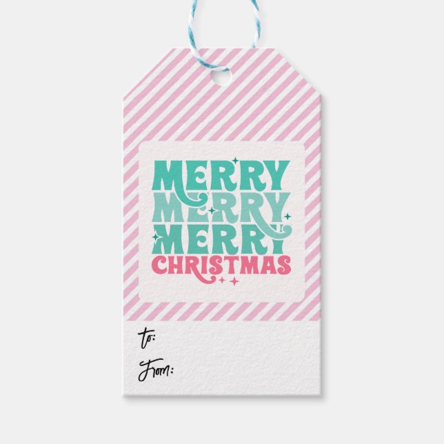Gift tag in Mint + Pink Merry Christmas, striped (Front)