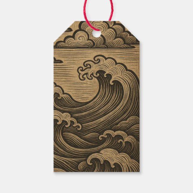 GIFT TAG JAPANESE WAVES AND CLOUDS IN NEUTRALS (Front)