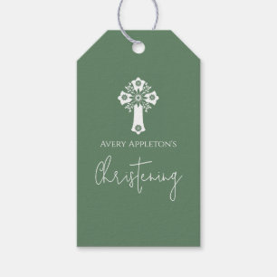 Gift Tags Floral Cross Christening Fern Green