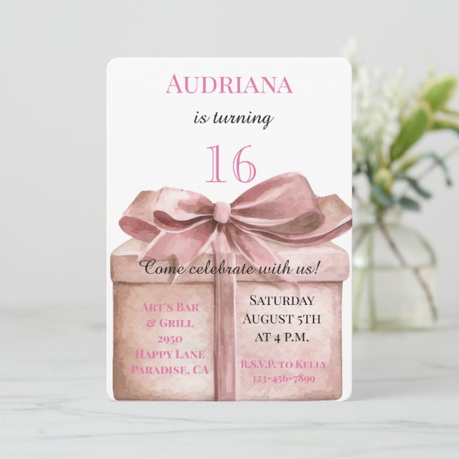 Gift with Bow 16th Birthday Invitation (Standing Front)
