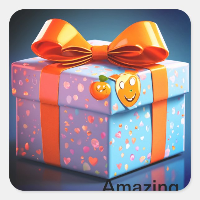 gift with face, emoji wow, orange bow, high qualit square sticker (Front)