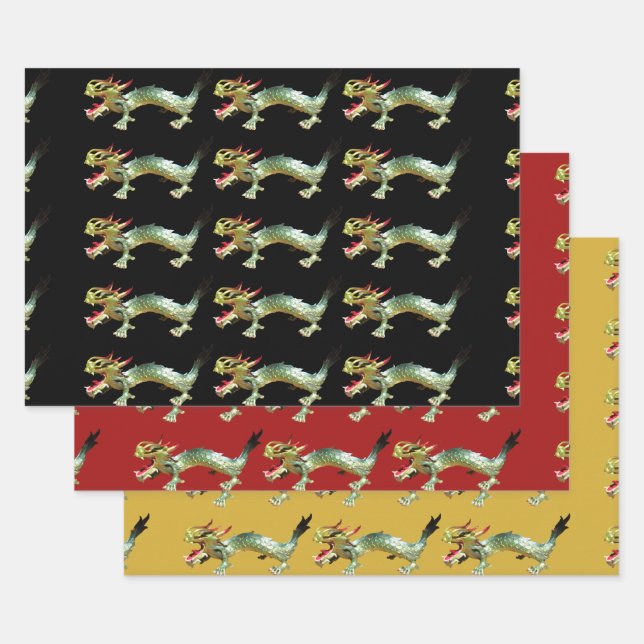 Gift Wrap - Chinese Dragons on Three Colours (Set)