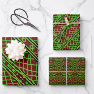 Gift Wrap Green Weave w/ Red Background