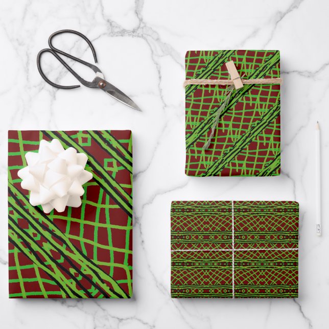Gift Wrap Green Weave w/ Red Background (Front)
