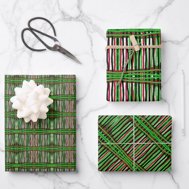 Gift Wrap Paper Green, Black, Red Weave (Front)