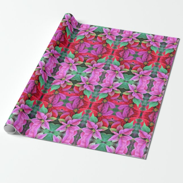 Gift Wrap Roll PInk & Red Poinsettias (Unrolled)