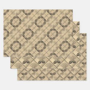 Gift Wrap set of 3 sheets Golden Pinecones