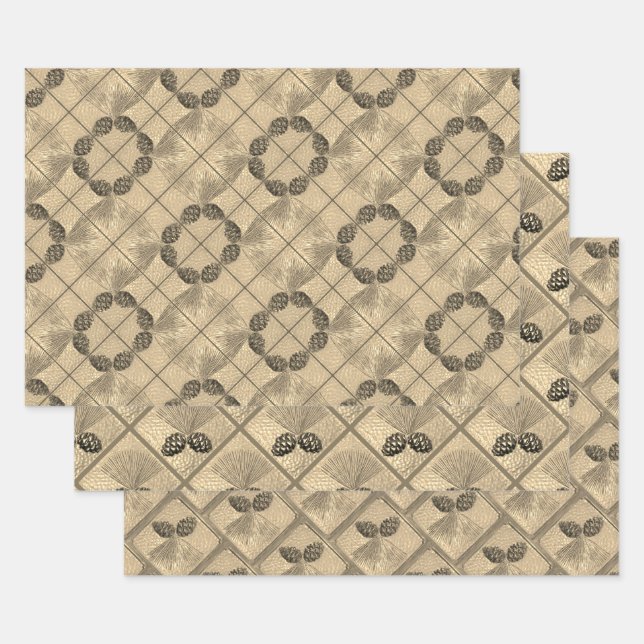 Gift Wrap set of 3 sheets Golden Pinecones (Set)