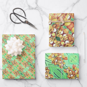 Gift Wrap Sheet Set - Orange & Yellow Orchids