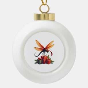 Gift-Wrapped Dragonfly Ceramic Ball Christmas Ornament