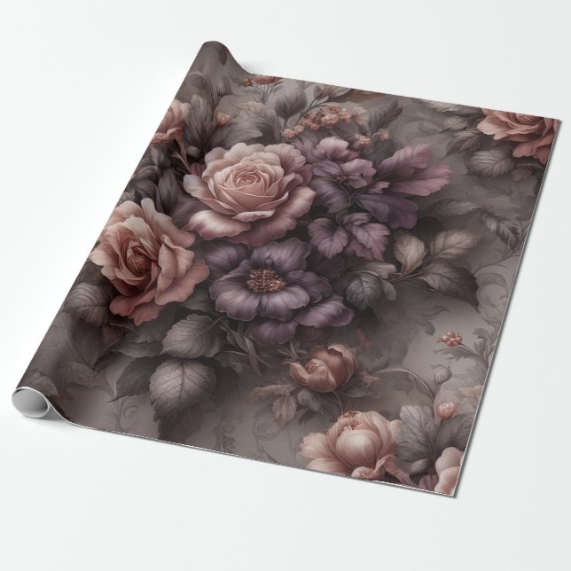 Gift Wrapping Paper Floral Plum Copper Rose (Unrolled)