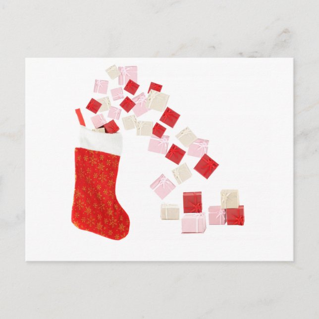 Giftboxes spilling out of a stocking postcard (Front)