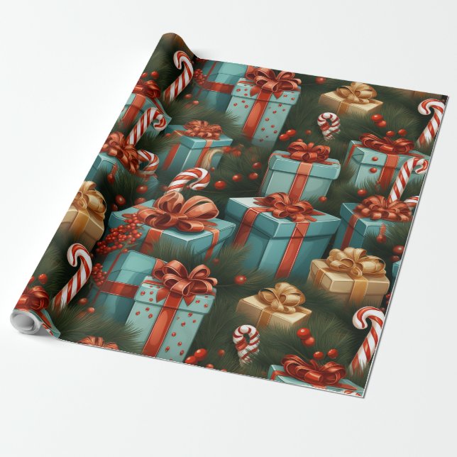 Gifts and candy cane wrapping paper (Unrolled)