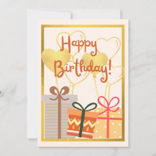 Gifts And Gold Heart Balloons Flat Birthday Card