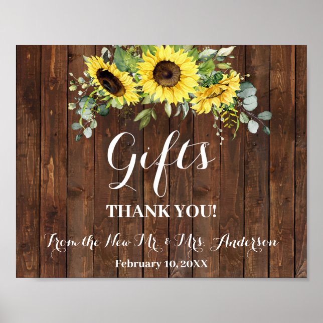 Gifts Bridal Shower Wedding Western Sunflower Sign (Front)