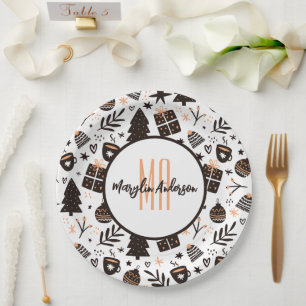 GIFTS CHRISTMAS TREES & ORNAMENTS PATTERN MONOGRAM PAPER PLATE
