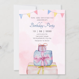 Gifts pastel pink blue birthday invitation
