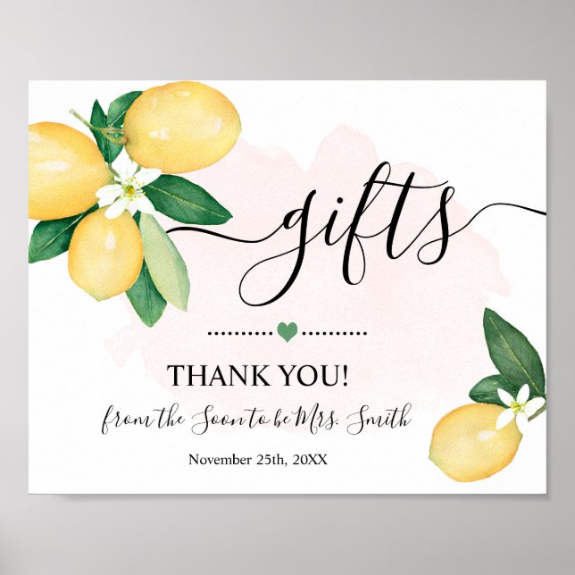 Gifts Sign Bridal Shower Wedding Pink Lemons Sign (Front)