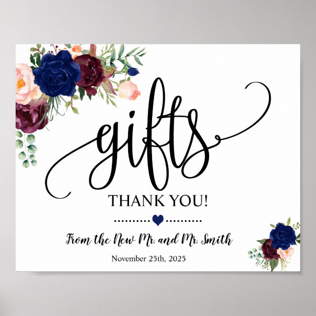 Gifts sign shower wedding reception navy burgundy (Front)