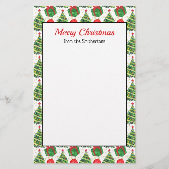 Gifts Trees Green Red White Merry Christmas Stationery (Front)