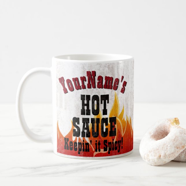 Gifts Vintage Flames Personalised Hot Sauce Coffee Mug (With Donut)