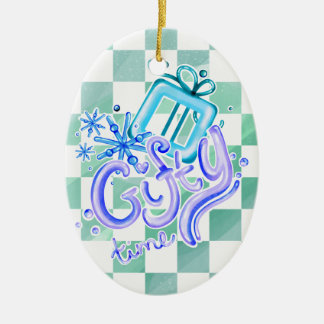 Gifty Time Blue Purple Checkerboard Oval  Ceramic Tree Decoration